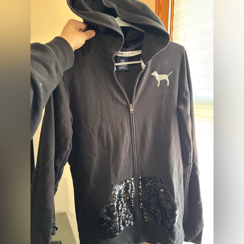 2010s Victoria's Secret Pink Black Sequin Zip-Up Hoodie
